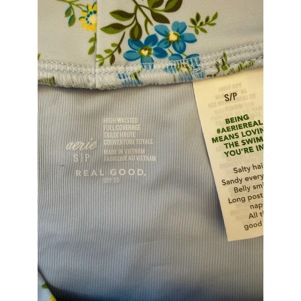 Aerie Real Good High Waisted Crossover‎ Bikini Bottom Blue Floral Small nwt